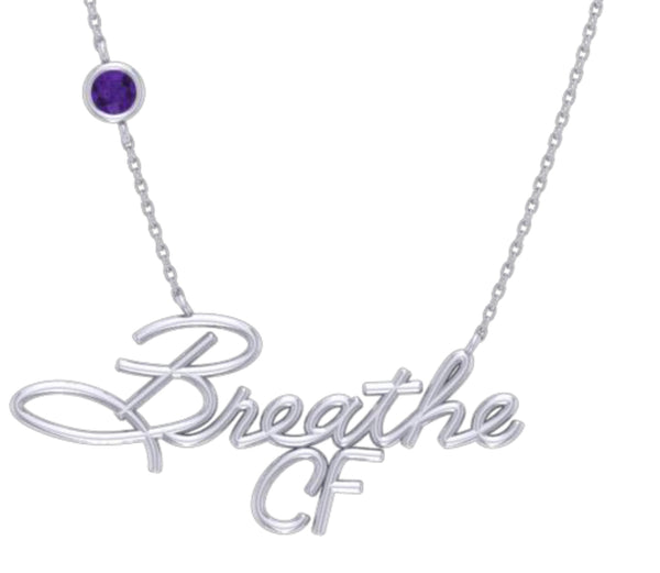 Cystic Fibrosis "BreatheCF" Custom Necklace With Amethyst Bezel Stone