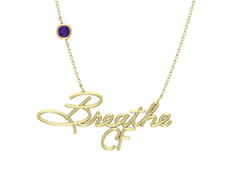 Cystic Fibrosis 14 KT Yellow Gold "BreatheCF"  Custom Necklace with Amethyst Bezel Stone in Chain