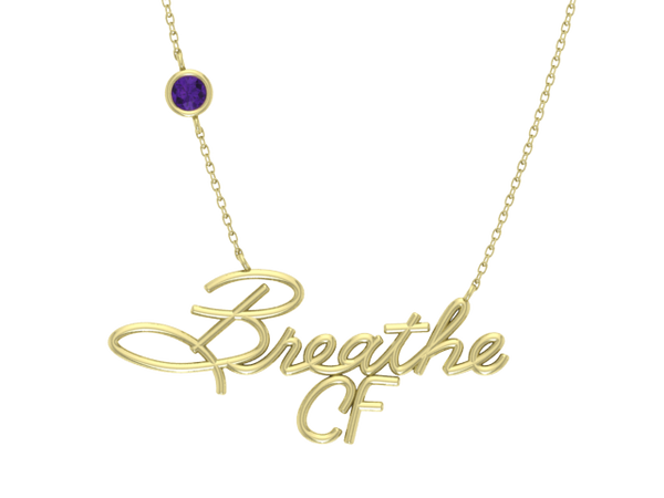 Cystic Fibrosis 14 KT Yellow Gold "BreatheCF"  Custom Necklace with Amethyst Bezel Stone in Chain