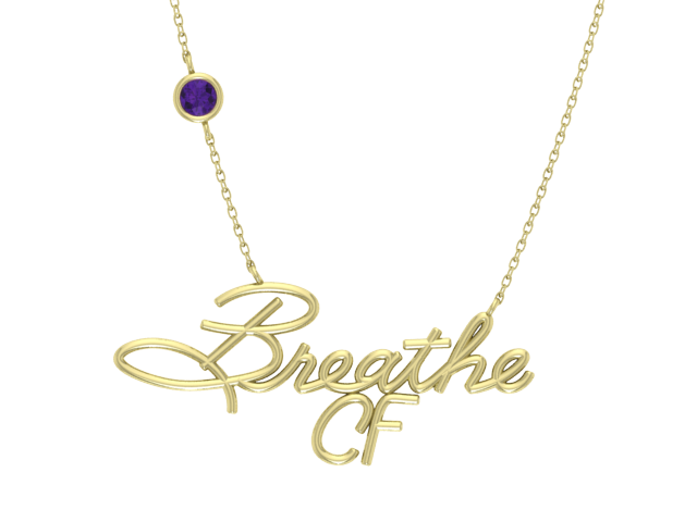 Cystic Fibrosis 14 KT Yellow Gold "BreatheCF"  Custom Necklace with Amethyst Bezel Stone in Chain